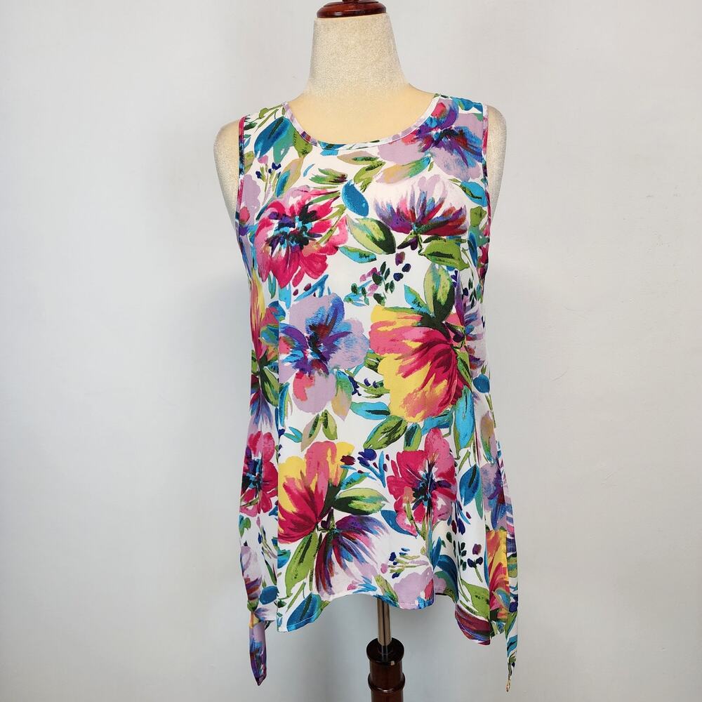 Spense Womens Sleeveless Floral Tunic Blouse Size M Colorful Hi Low Chiffon Art